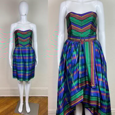 Vintage 1980s Guy Laroche Plaid Taffeta Strapless Cocktail Dress with Overskirt/ 80s Holiday Plaid Party Dress XS 