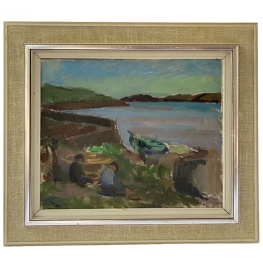 Signed Original HUGO G. ZUHR Oil on Canvas Painting, Fishing Boat Landscape Framed Art 