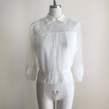 Sheer Ivory Nylon Blouse with Pintucks and Rhinestone-Trimmed Lace - 1950s 