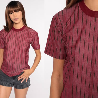 Striped Ringer TShirt -- 70s T Shirt Burgundy Retro Tee Vintage Ringer Tee Minimalist 80s Vintage Small 