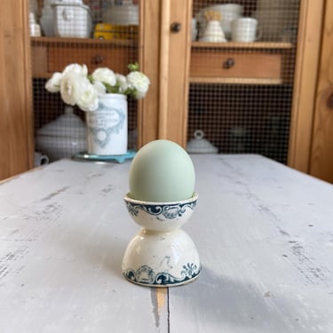 Beautiful vintage French ironstone egg cup with blue, green design 