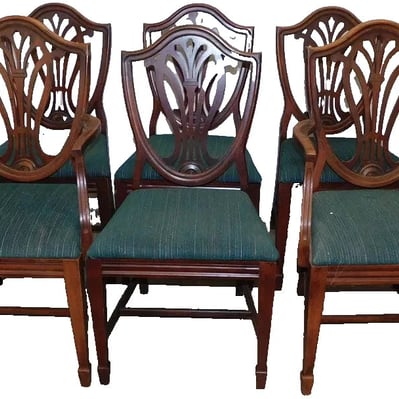 Chairs, Shield Back, Dining, Set of 6, Mahogany, Green Uphol., Vintage, 1900s!