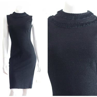 50s/60s black sleeveless cocktail dress with fringe neckline and silver threading 