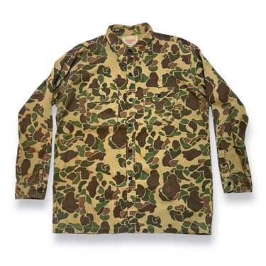 Vintage 1950s DUXBAK "Kamp-it" Frogskin Camouflage Cotton Shirt ~ L ~ Camo ~ Duck Hunter ~ Spearpoint Collar 