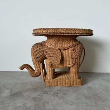 1970's Vintage Wicker Elephant Side Table Or  Plant Stand 