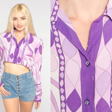 Purple Crop Top 70s Button up Blouse Abstract Print Collared Cropped Shirt Groovy Disco Retro Long Sleeve Seventies Vintage 1970s Medium M 