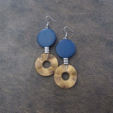 Blue wooden bold statement geometric earrings 
