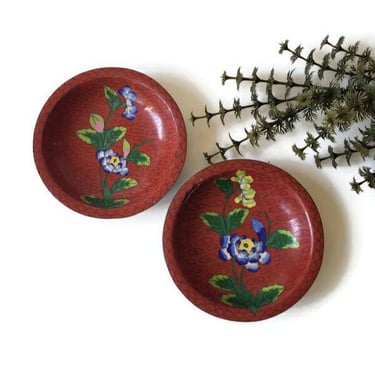 2 Vintage Red Agate Enamelware Floral Berry Dessert Bowls/ Bohemian Country Cottage Kitchen/ Boho Shelf Decor/ Trinket Dish/Gift 