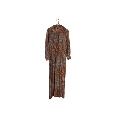 Vintage Handmade Orange Mod Retro Paisley Metallic Long Maxi Shirt Dress Woven 