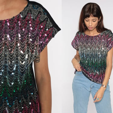 Sequin Shirt 80s Beaded Top Cap Sleeve Metallic Disco Blouse Party Pink Blue Beaded Glam Striped Sparkle Shirt 1980s Vintage Small Medium 
