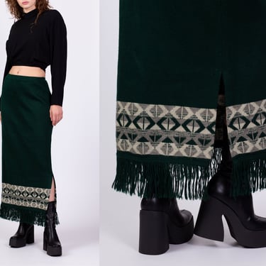 70s Green Woven Fringe Maxi Skirt - Small to Medium | Vintage Boho High Waisted Southwestern Geometric A Line Slit Skirt 