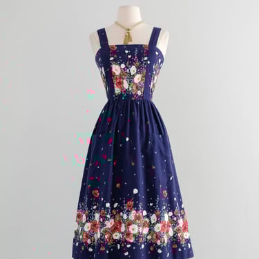 Vintage 1970's Navy Cotton Sundress with Red & White Poppies / XS
