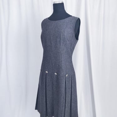 Vintage 60s Grey Wool Dress // Pleated Skirt with Button Accents // Drop Waist 