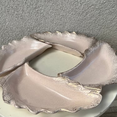 Mid century pottery pink gold glitter leaf shape trays set 4 by California Originals #590 USA 