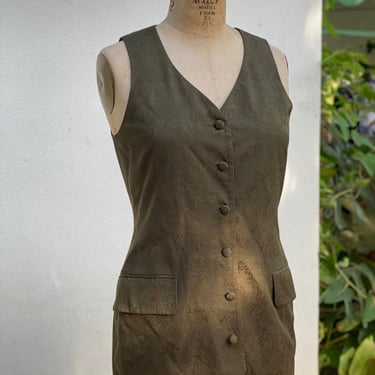 90s Silk Vest / Pressed Silk Sleeveless Waist Coat / Nineties Tank Top / Sleeveless Shirt Vest / Olive 