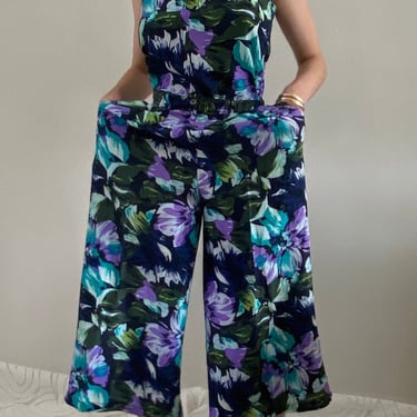 90s silk pant suit / vintage midnight blue floral washed silk sleeveless blouse + pleated wide leg palazzo pants suit matching set | Small 