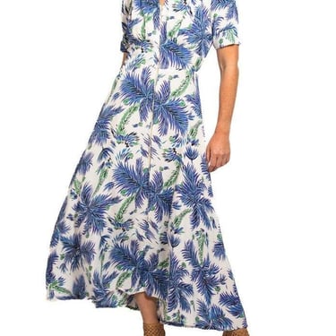 1940S Blue & White Cold Rayon Floral Print Zip-Front Dress 