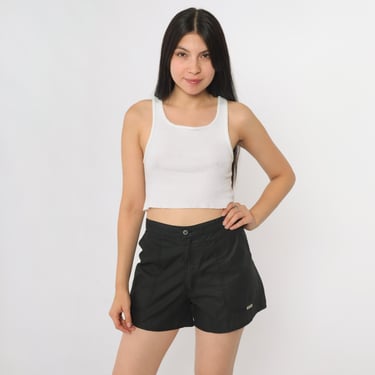 Vintage 80s Black Shorts Weeds Polyester Blend Basic High Waisted Elastic Back Pockets Minimalist 1980s Casual Men's 34 Medium 