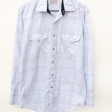 Vintage 80's H-BAR-C Western Snap Button Shirt - Pale Blue & Multi Color Grid Pattern, Navy Accents - M 
