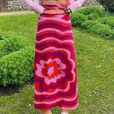 Zara Women's Pink Red Psychedelic Geometric Linen High Waisted Skirt Sz M 