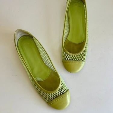 Vintage Lime Green Genuine Leather Round Toe Mesh Ballet Flat 8 