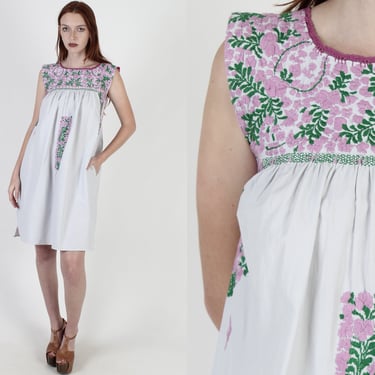 Light Blue Oaxacan Mini Dress / All Purple Green Heavy Floral Embroidery / Sleeveless Shirt Mexican Dress With Hip Pockets 