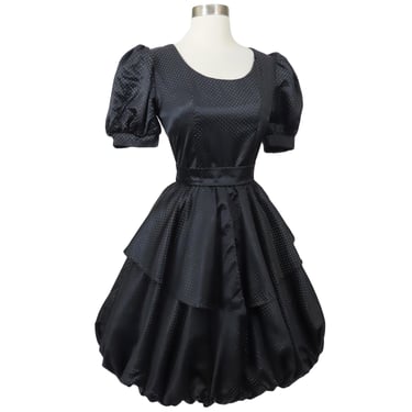 Vintage 80s Black Metallic Dot Bubble Skirt Prom Party Dress S Small M Medium Puff Sleeve Full Formal Dance Womens Costume Silver Peplum 