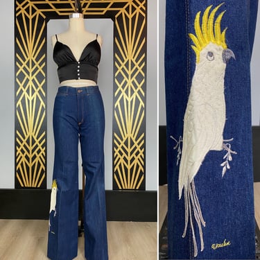 1970s jeans, high waist, vintage denim, embroidered bird, long inseam, novelty print, straight leg, 27 waist 