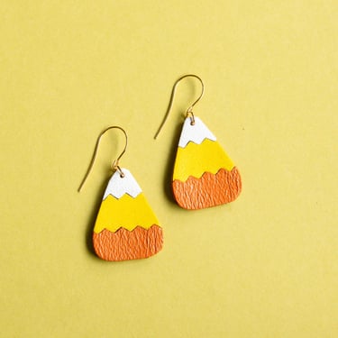 Candy Corn Zigzag Leather Earrings - Reclaimed Leather Statement Earrings 