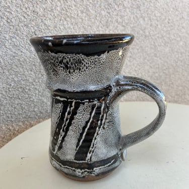 Vintage Hage stamped pottery large coffee mug dark brown grey stripe design 16 oz 