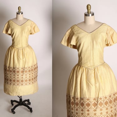 1950s Gold Lurex and Bronze Lurex Short Sleeve V Neck Formal Egyptian Style Cocktail Dress -XS 