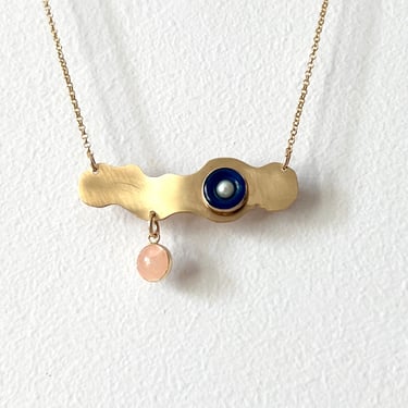 Blobular Assemblage Necklace Sculpture Pendant Evil Eye  Handmade by Rachel Pfeffer Goldfill Blue Pearl Eye Pink Dangling Quartz 