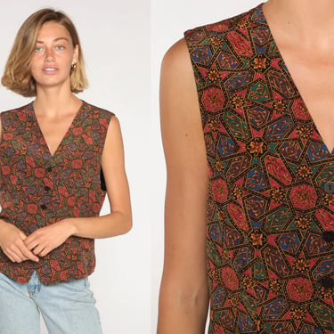 90s Silk Vest Abstract Floral Print Button Up Vest Retro Sleeveless Shirt Boho Top Kaleidoscope Preppy Nerd Hippie Vintage 1990s Medium 10 