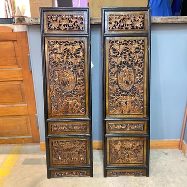 PAIR of Chinese Carved Wooden Panels with Gold Leaf Detailing