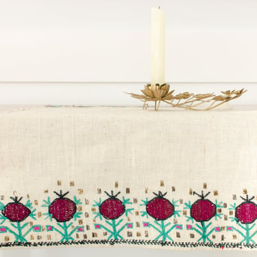 Antique Ottoman Greek Hand Embroidered Silk Metallic Thread Linen Table Runner Dowry Towel 