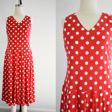 1980s Red and White Polka Dot Drop Waist Dress 