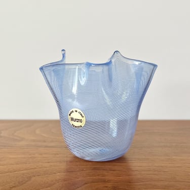Murano Italy Mezza Filigrana Handkerchief Vase in Blue, Labeled 