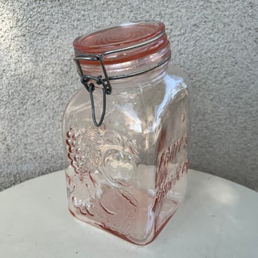 Vintage pink rose glass canister by Produits de Campagne 9” x 4.5” 