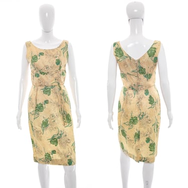 1960's Beige and Green Floral Print Cocktail Dress Size S