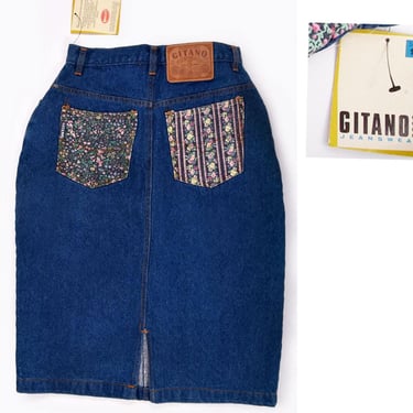 80's NEW Tags GITANO Denim Blue Jean Skirt Vintage 1980's Patchwork Cottage core Wiggle Tight Pencil skirt Dress 