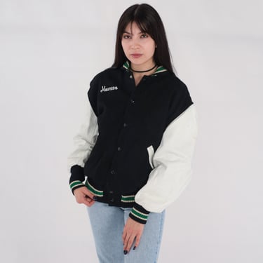 90s Letterman Jacket Black White Varsity Jacket Wool Leather Maureen Baseball Jacket Snap Up Bomber Retro Sports Vintage 1990s Mens Large 42 