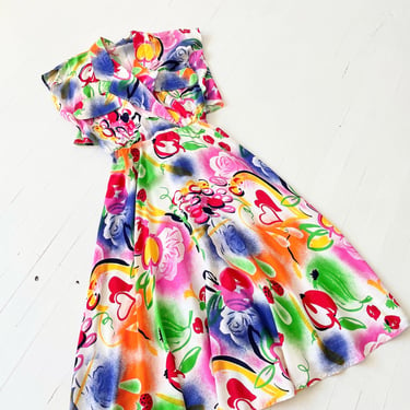 1980s Fruit Print White Dress 