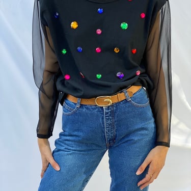 90's Bejeweled Top / Sheer Sleeves Tshirt Top / Rainbow Rhinestone on Black Tshirt / Shoulder Pads Blouse 