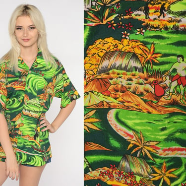 70s Hawaiian Luau Shirt Green Tropical Print Button Up Dagger Collar Psychedelic Top 1970s Vintage Short Sleeve Retro Tourist Mens Large L 