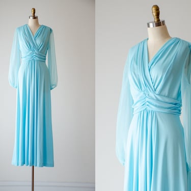 blue maxi dress | 70s vintage turquoise blue sheer sleeves boho goddess floor length dress gown 