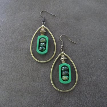 Bronze tear drop hoop  and green jasper earrings 