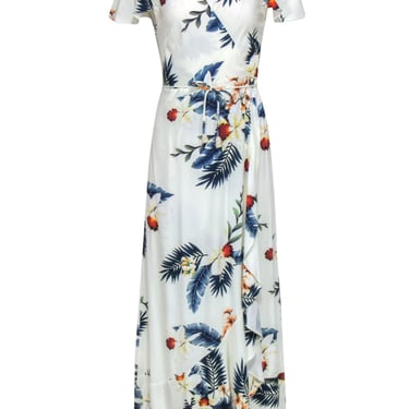Farm - White &amp; Multicolor Tropical Floral Print Wrap Maxi Dress Sz M