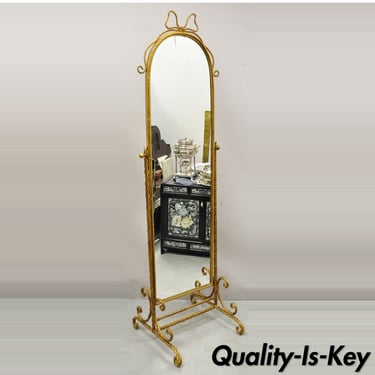 Italian Hollywood Regency Gold Gilt Iron Rope Cheval Standing Floor Mirror