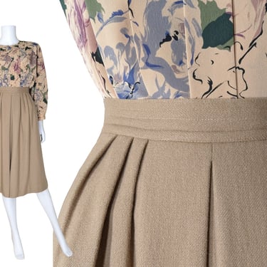 Vintage Pleated Prairie Skirt, Extra Small / Beige Wool Midi Skirt / Light Brown Flared Midi Skirt with Pockets 