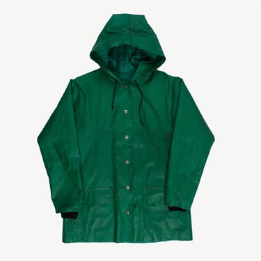 Womens green vintage lined rain jacket with hood, elastic cuffs - Medium 